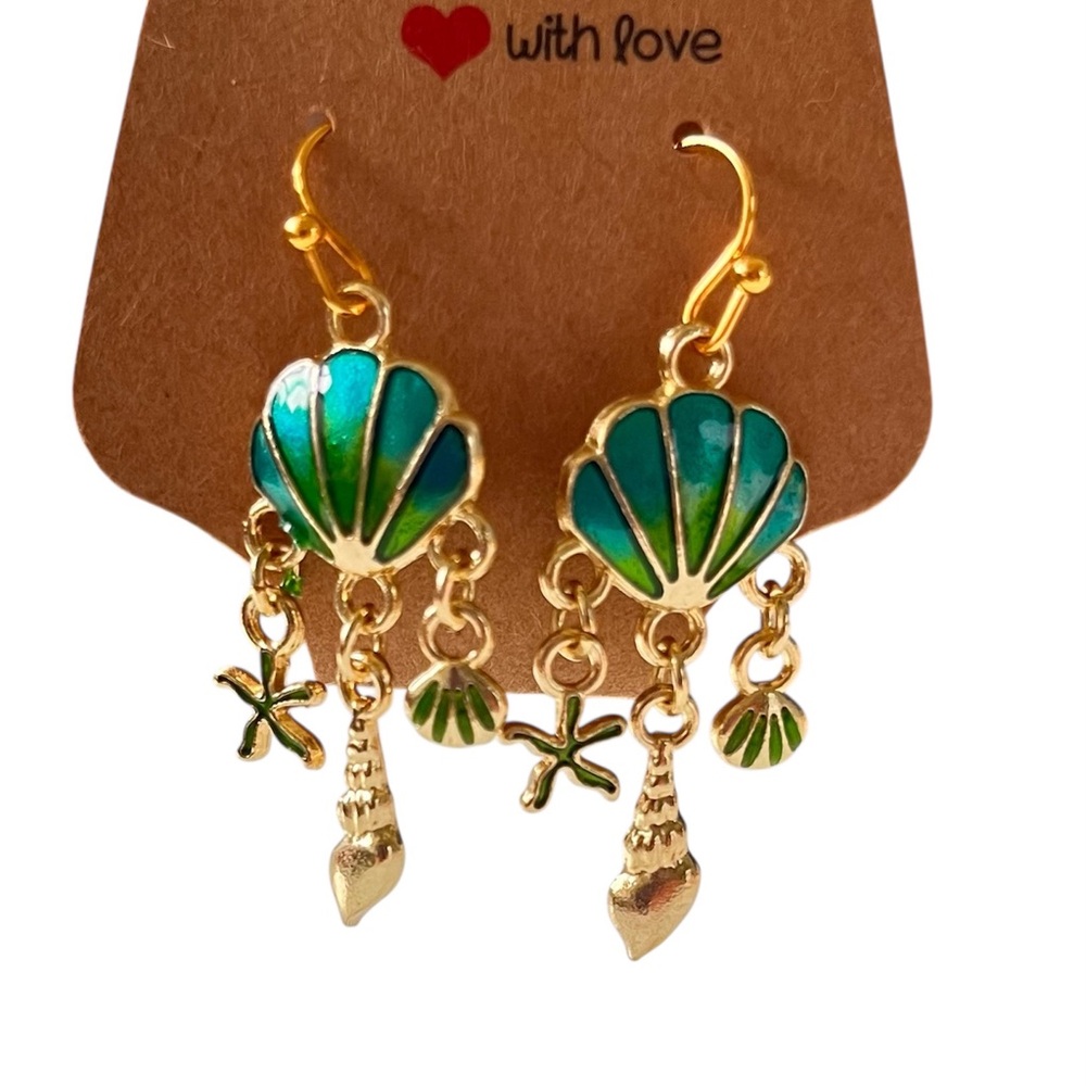 Gold-Tone Green Blue Enamel Seashell Drop Earrings